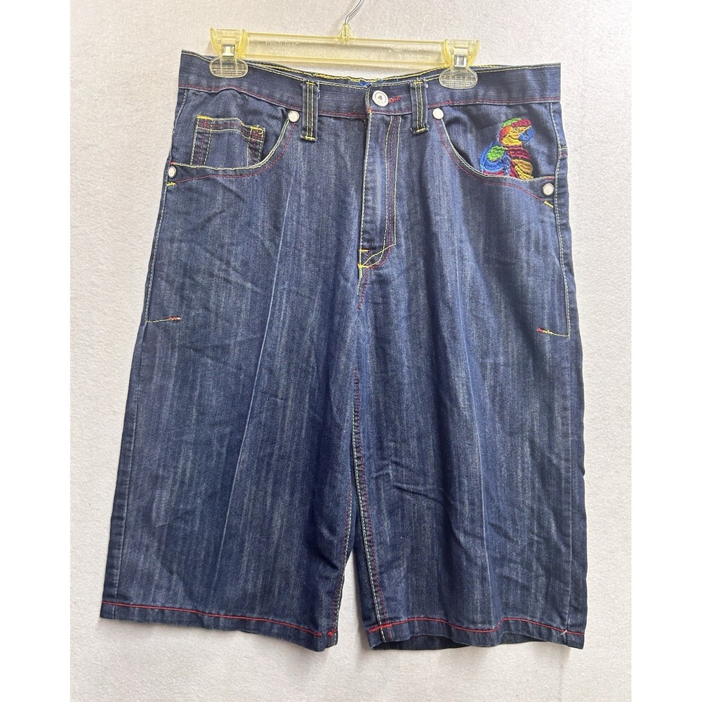 COOGI Men's Dark Wash Blue Denim Jean Shorts Embroidered Parrot Logo 12"